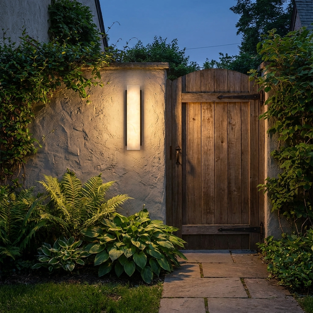Onyx Outdoor LED Wall Light on a garden wall beside a wooden gate in the evening