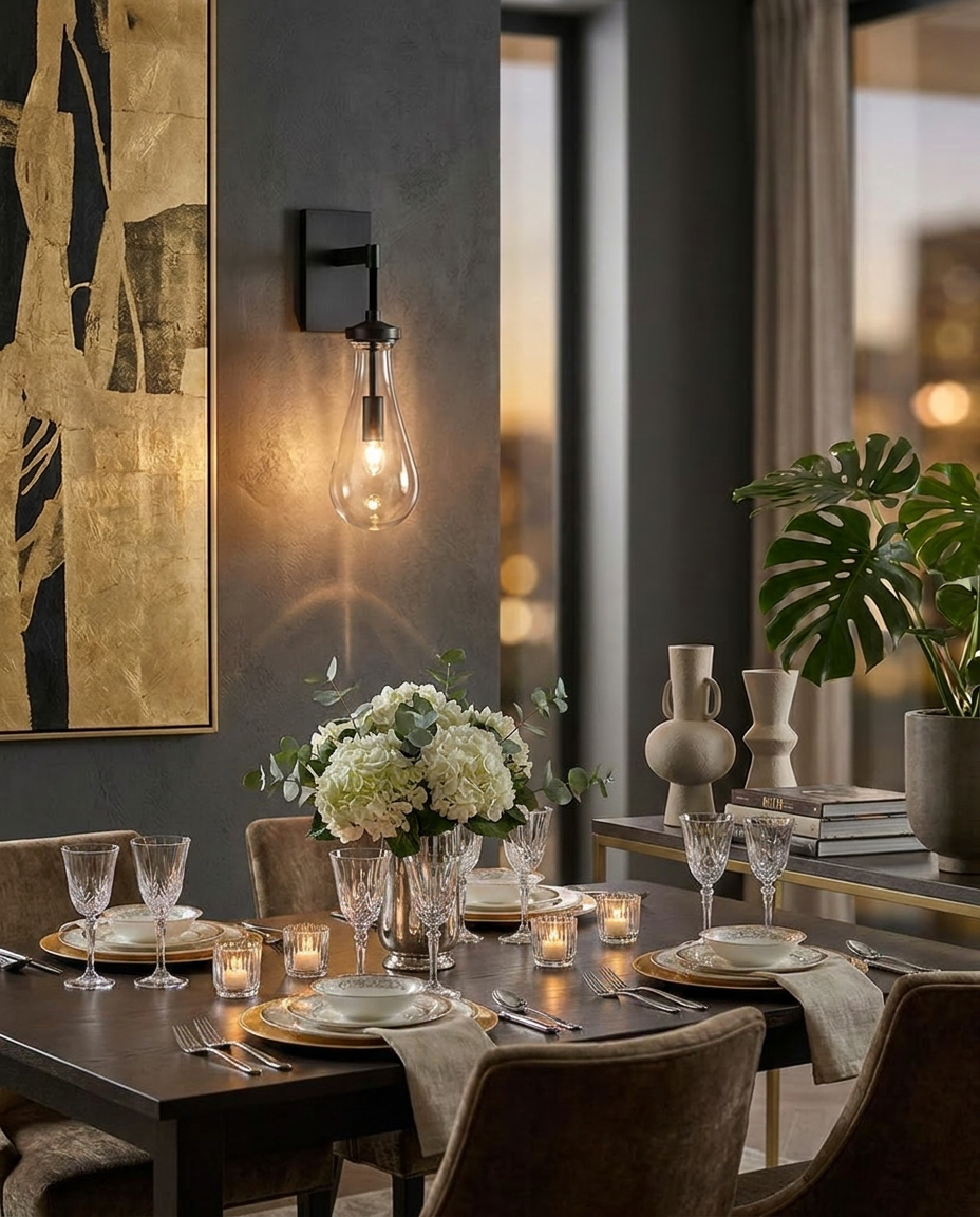 Cascade Crystal Water Drop Wall Sconce Black in dining room