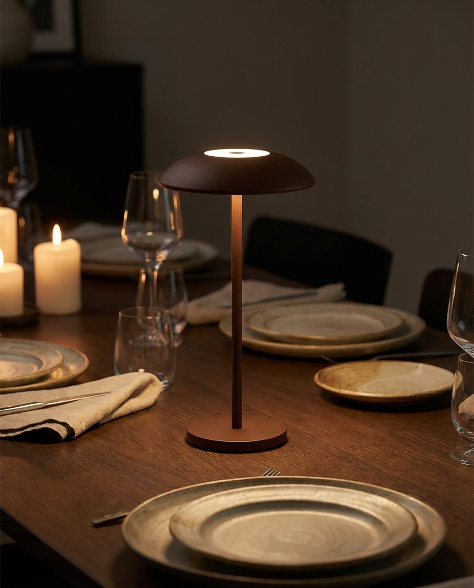 Vela brown contemporary LED table lamp on a dining table