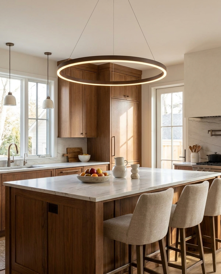 Halo coffee LED ring chandelier above a kitchen island