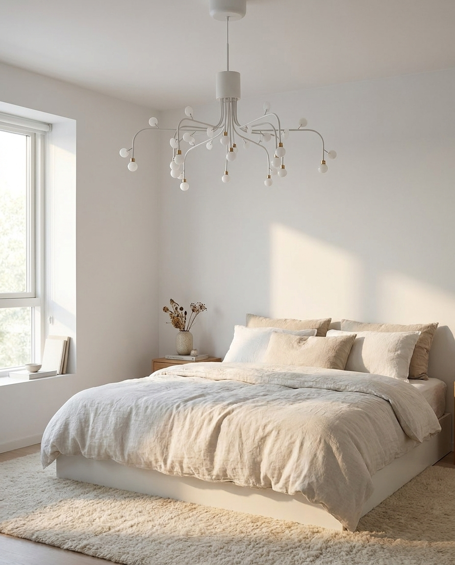 Lunova chandelier in white finish in a minimalist bedroom