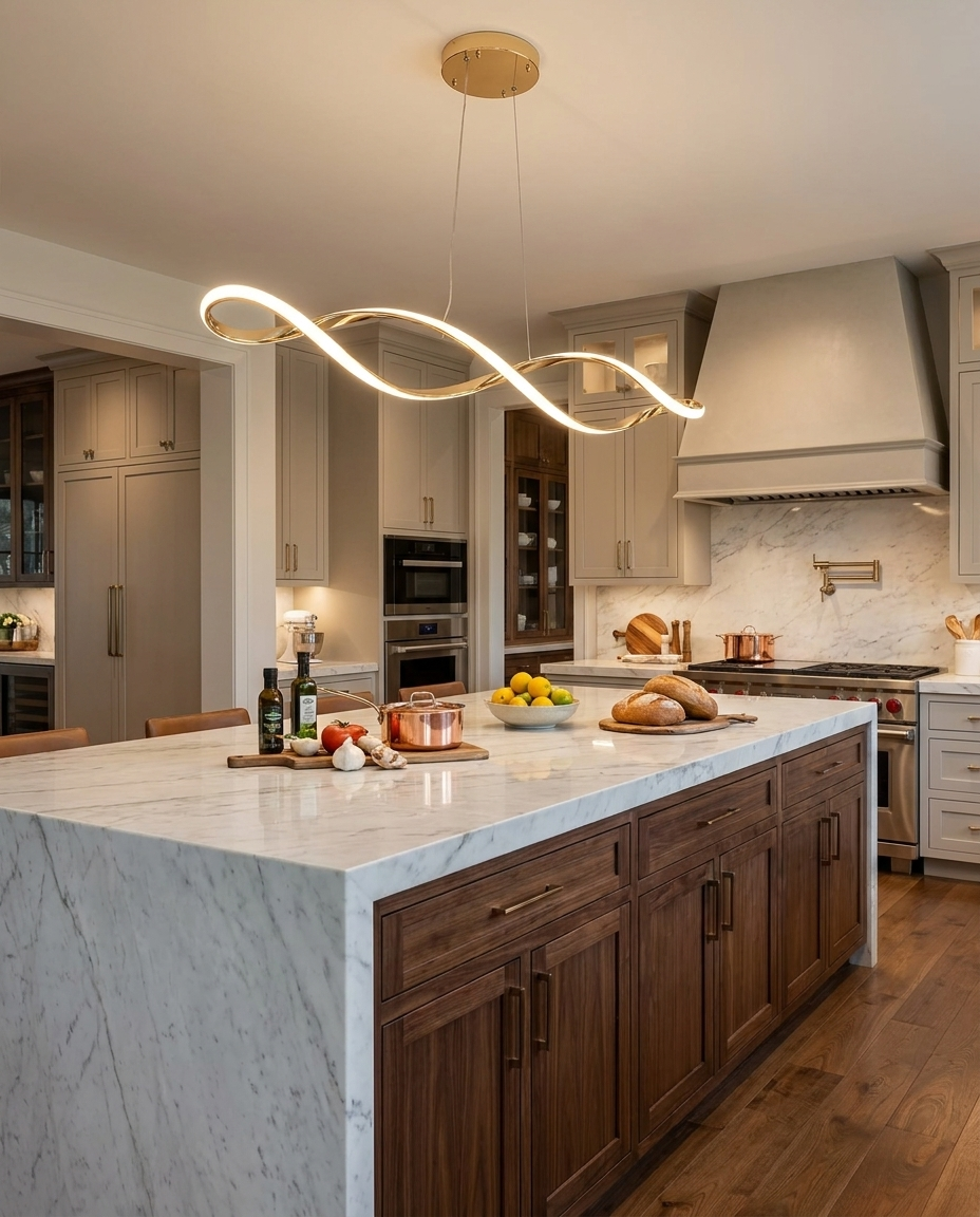 Novene gold waveform pendant over a luxury kitchen island