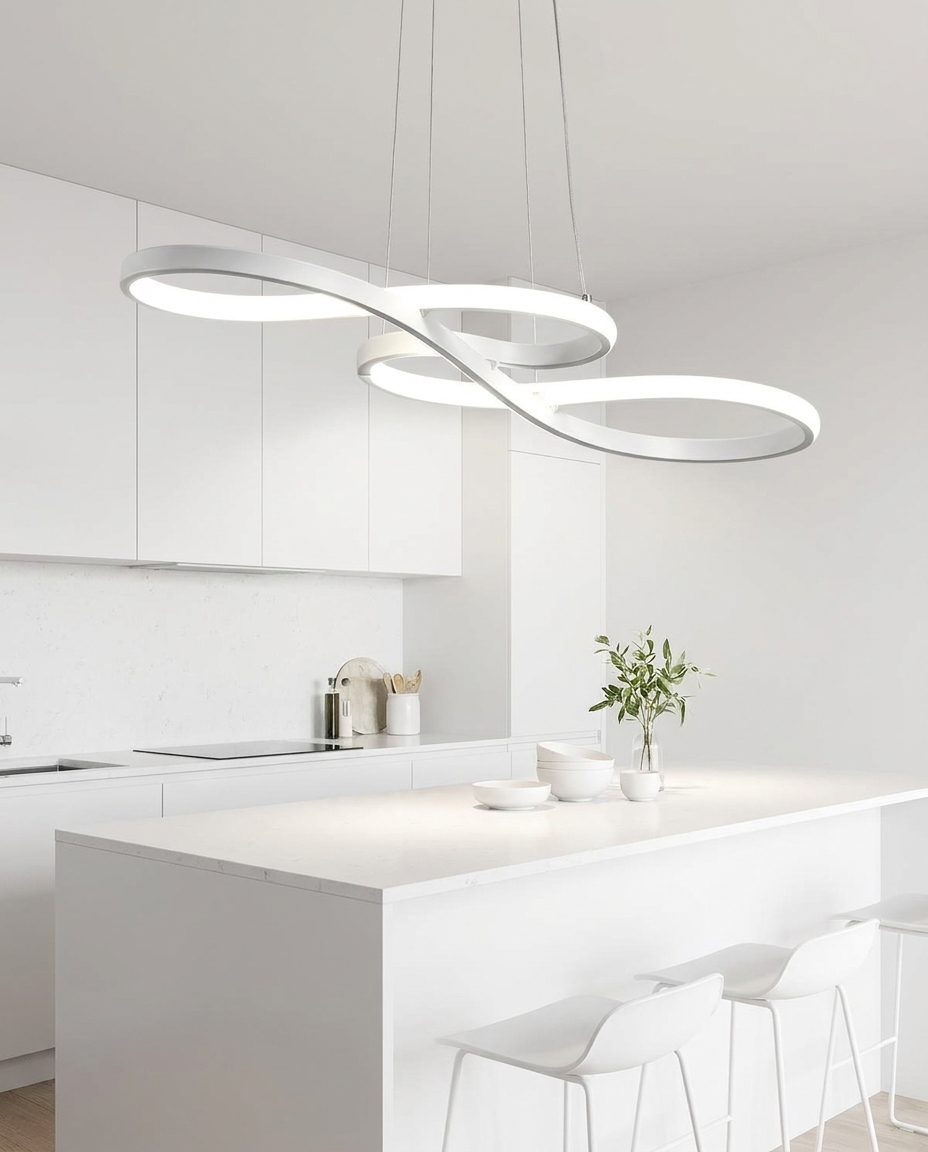 Lirelle white ribbon pendant over a minimalist kitchen island