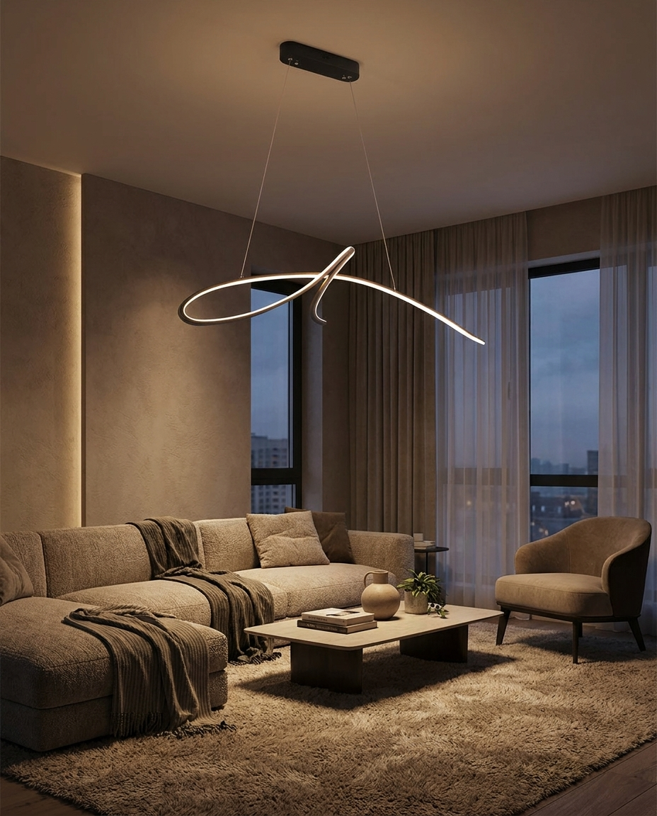 Tavora black line pendant over a living room lounge