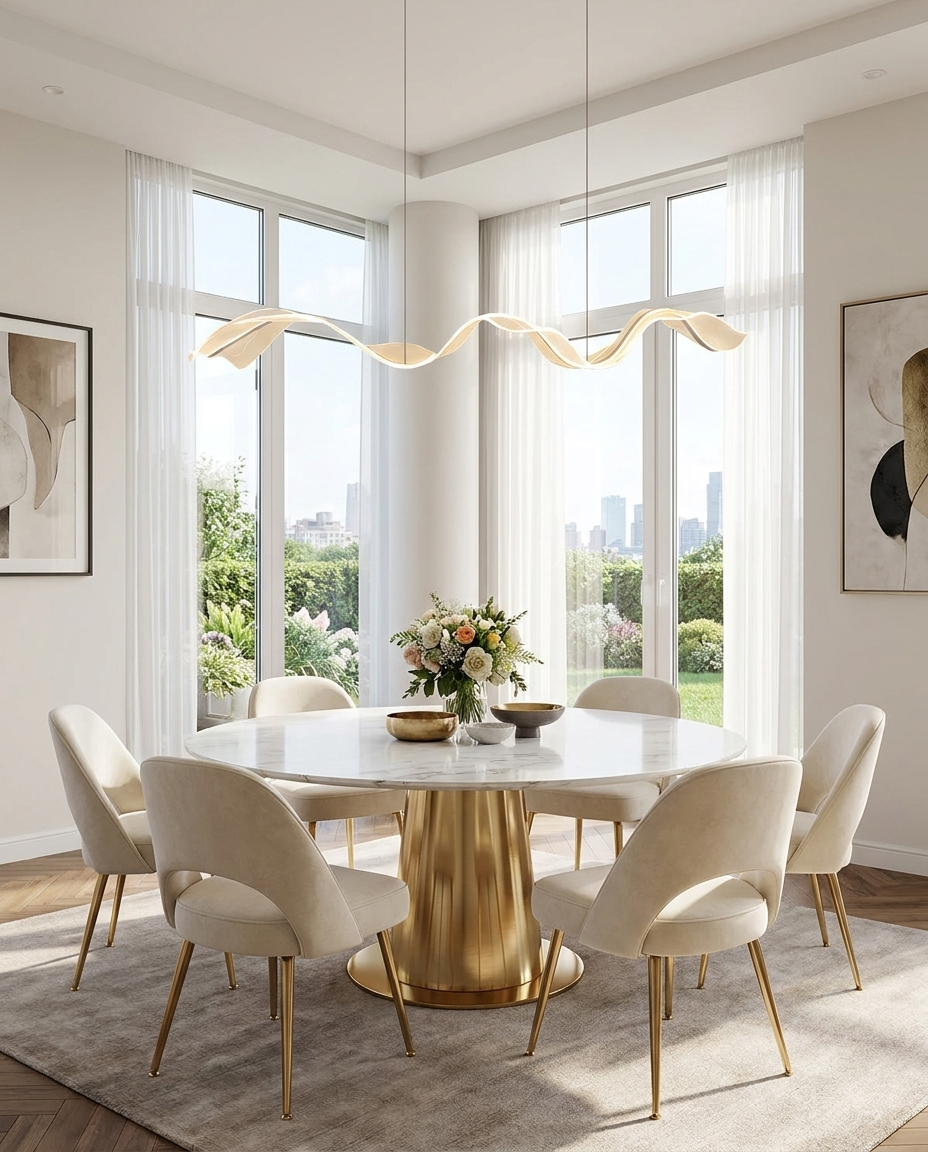 Cirelle gold ribbon wave pendant over a round dining table