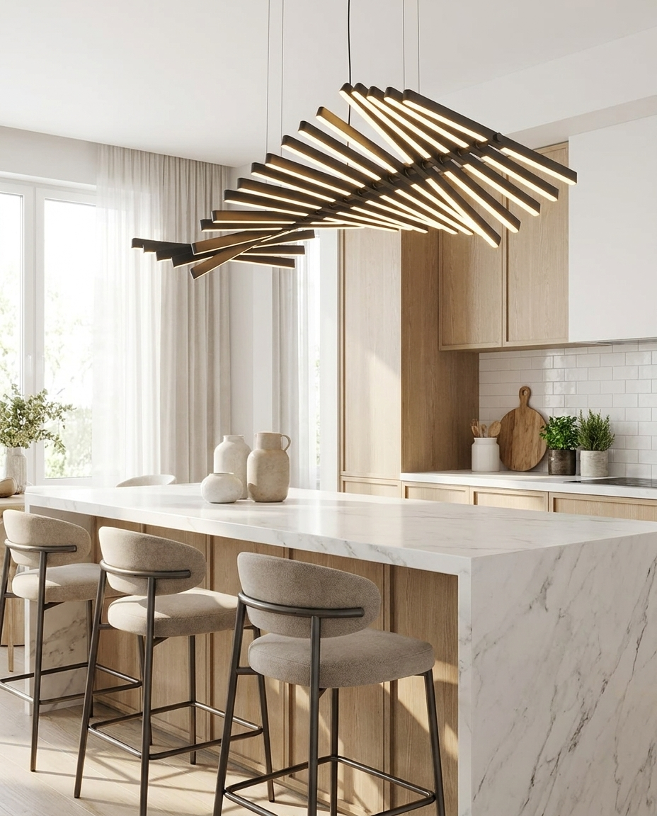 Nyxara black fishbone pendant over a kitchen island