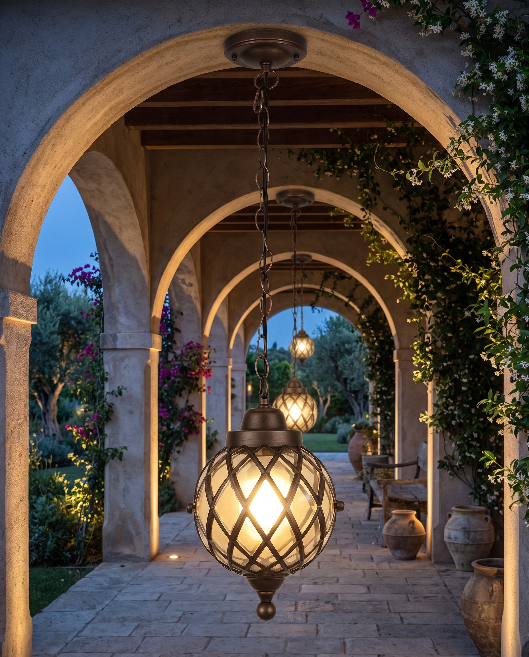 Bronze globe pendant light along a garden walkway