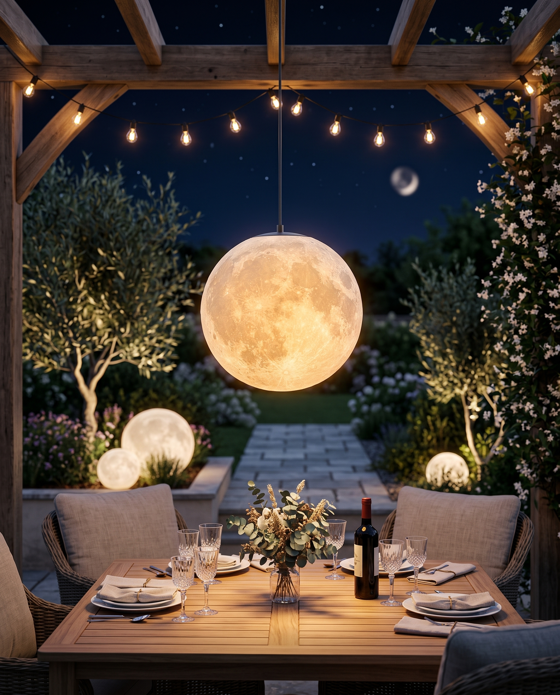 Outdoor moon lamp over a patio dining table at night