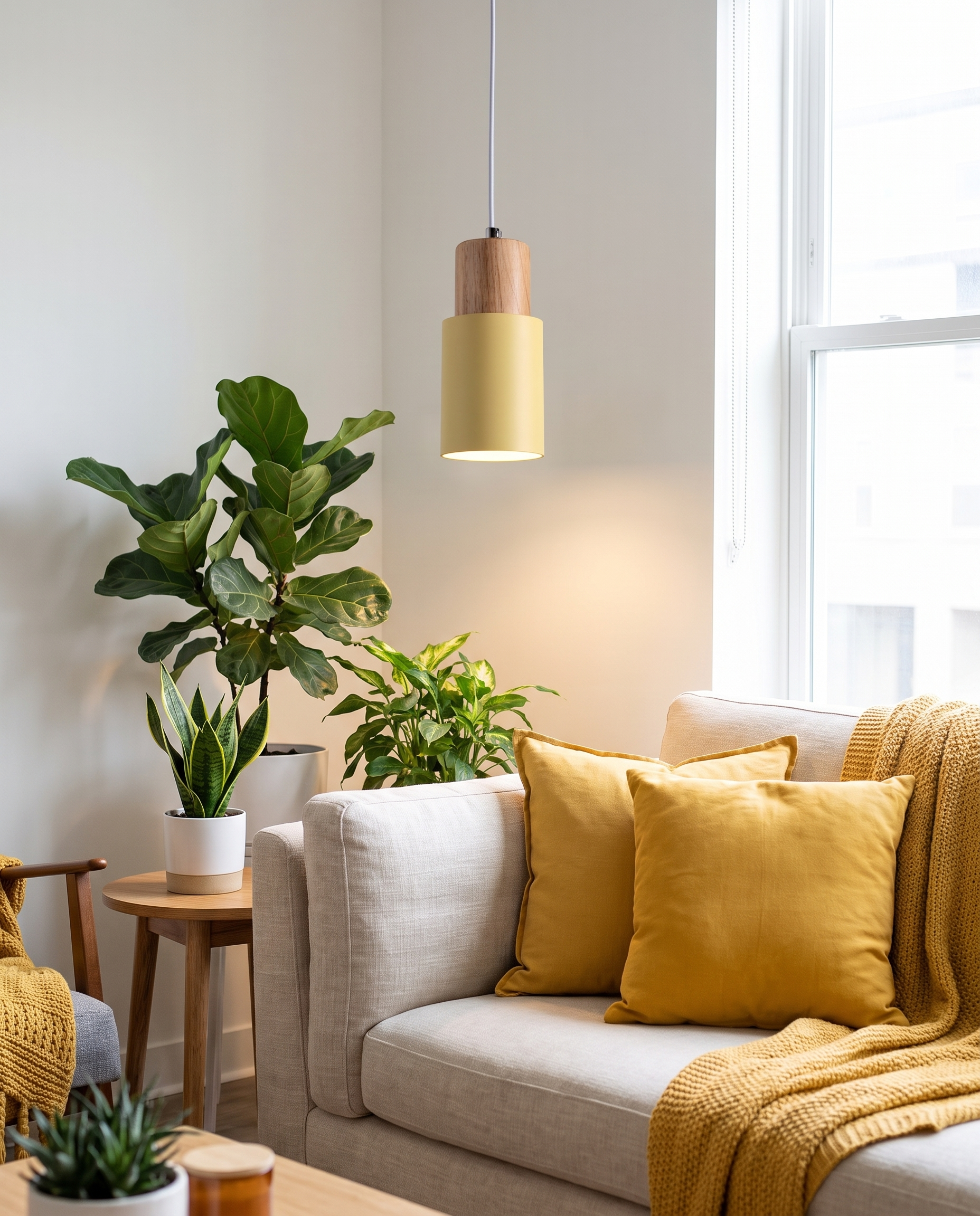 Fika Pendant Light in Yellow in a bright living room corner