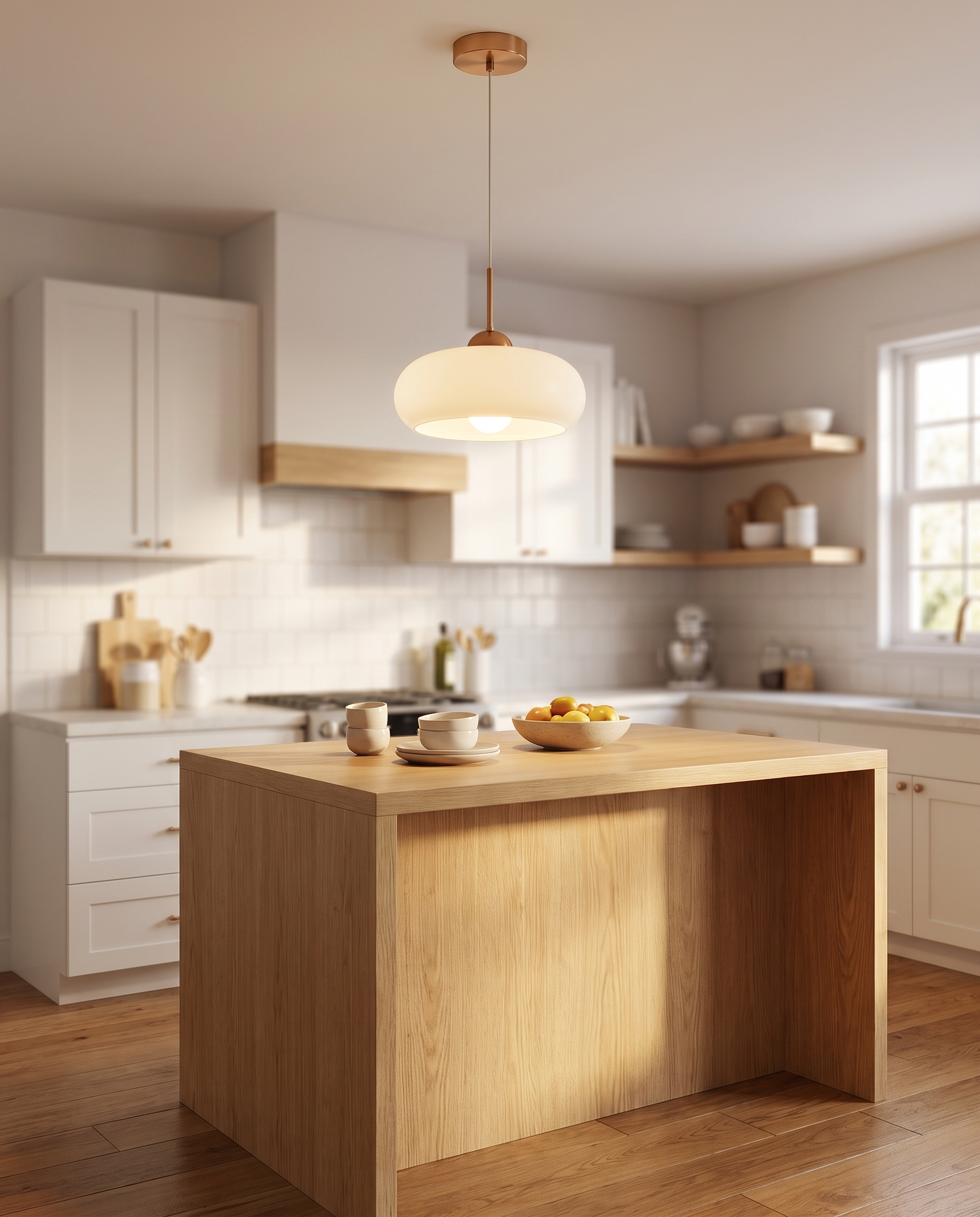 Cobre Glass Ceiling Light in White as a pendant over a kitchen island