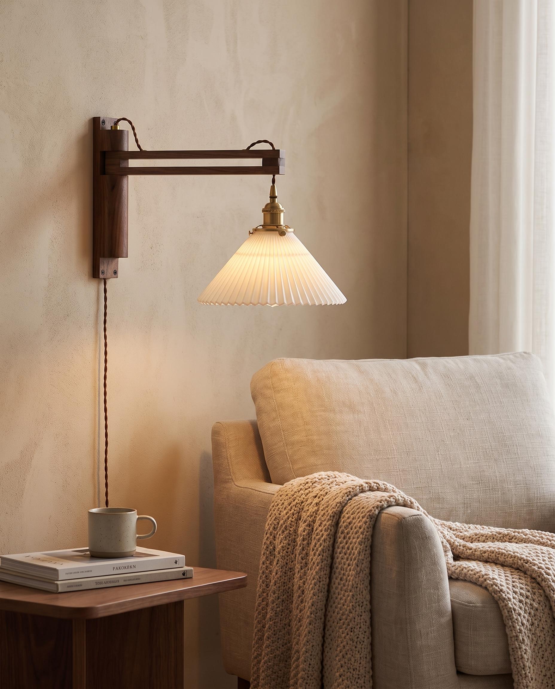 Bjork Glass Wall Sconce in Walnut in a living room reading nook