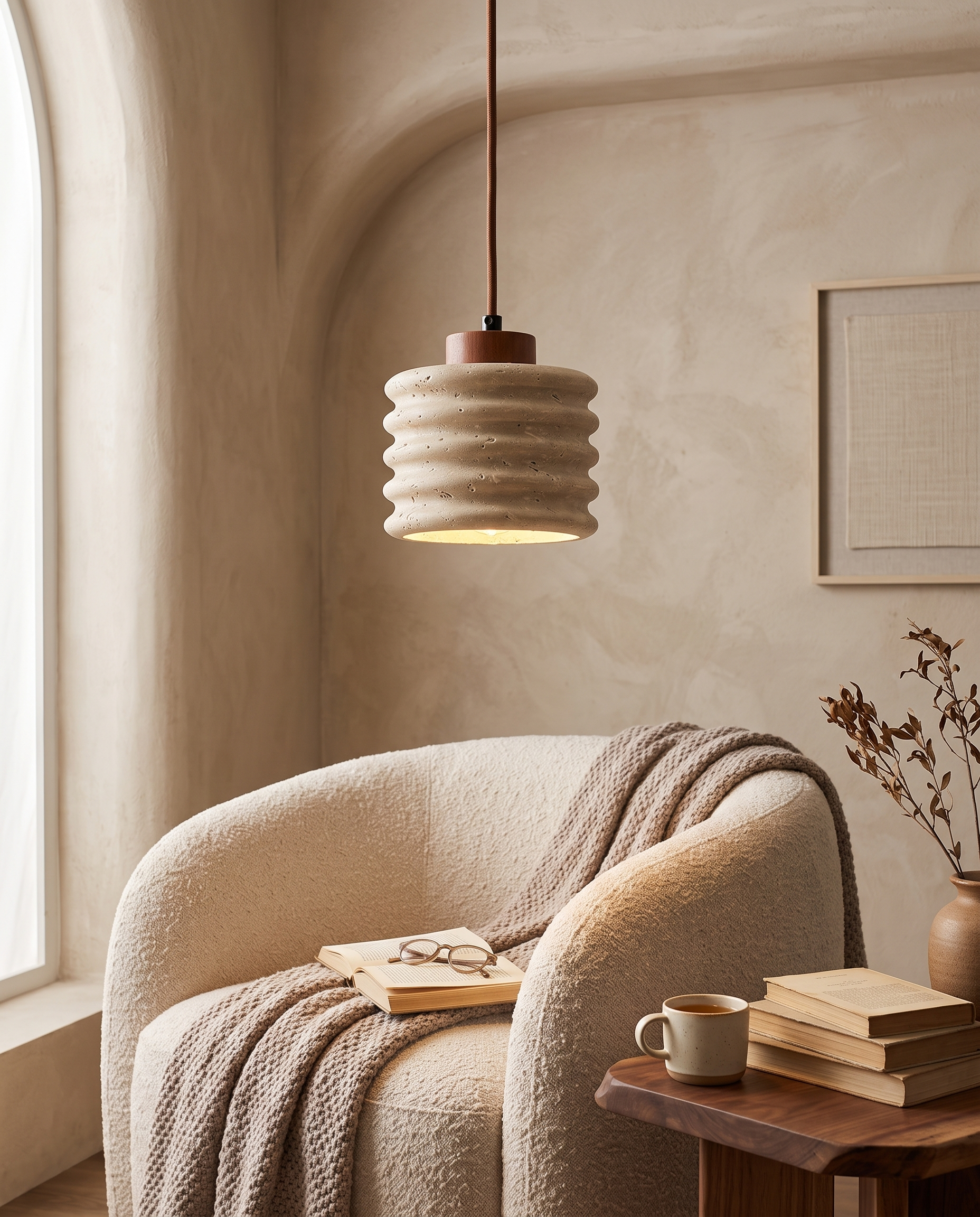 Onda Travertine Pendant Light in a reading nook