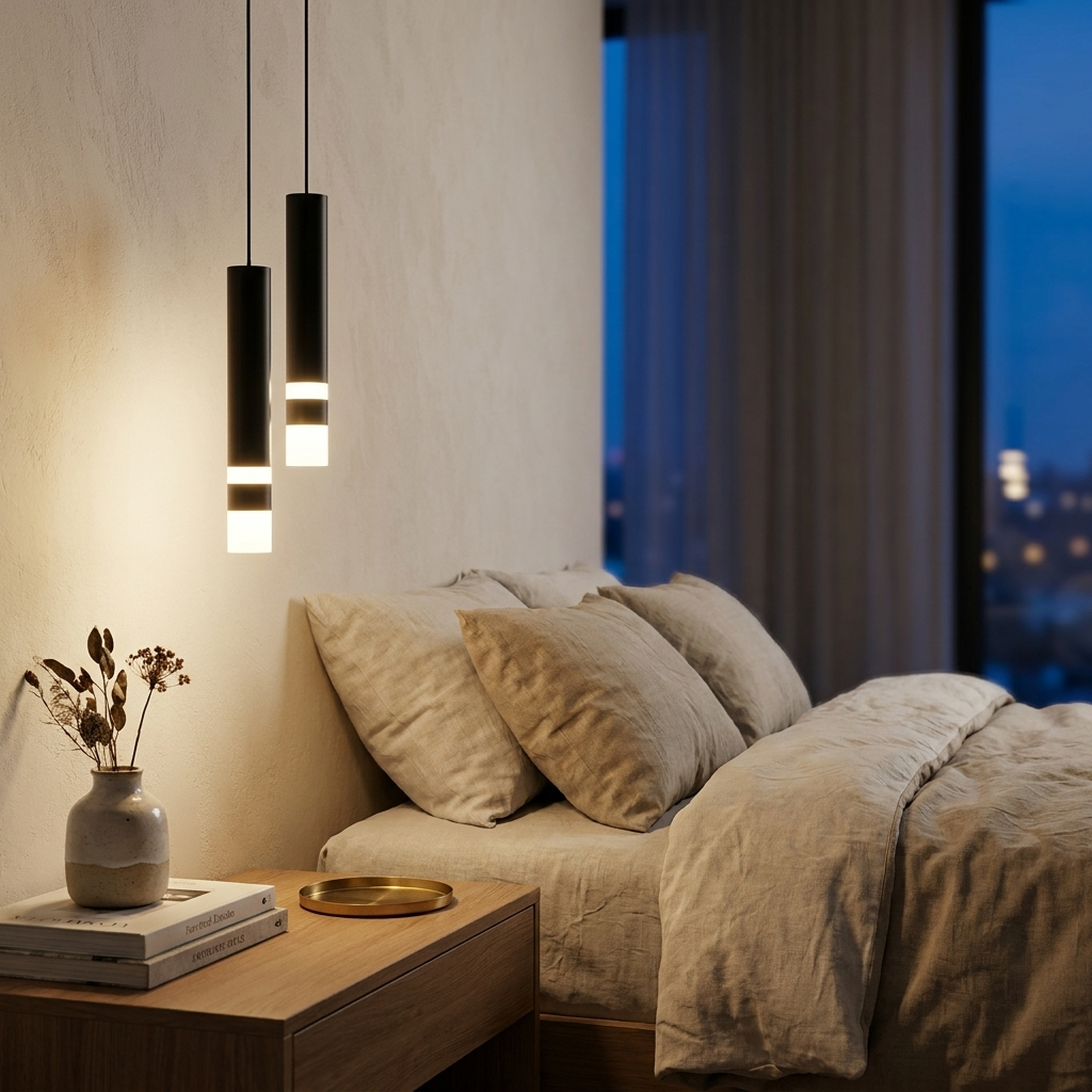 Asta Pendant (Black & White) as a pair over a bedside table