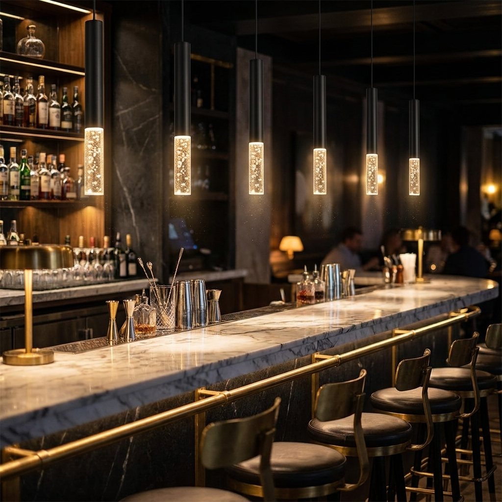 Asta Pendant (Bubble) row over a bar counter