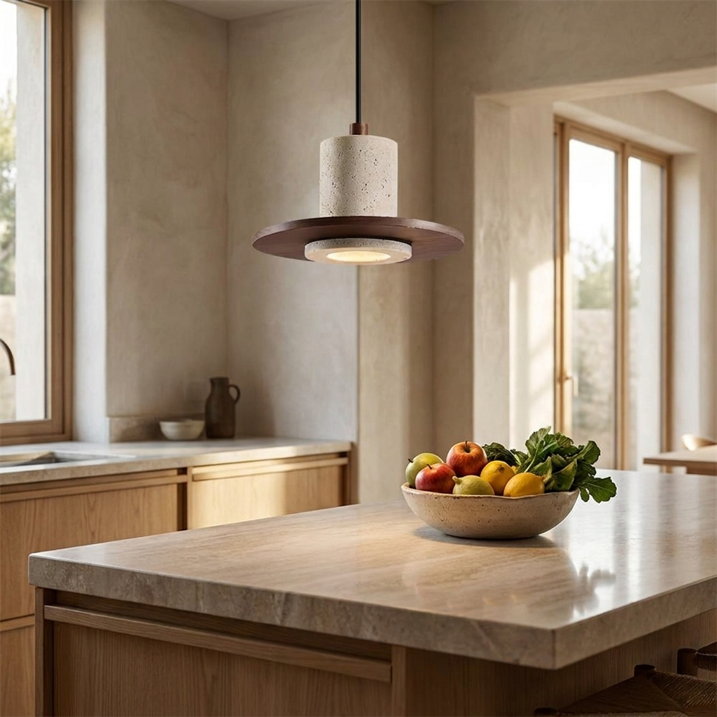 Noce Travertine Pendant over a kitchen island
