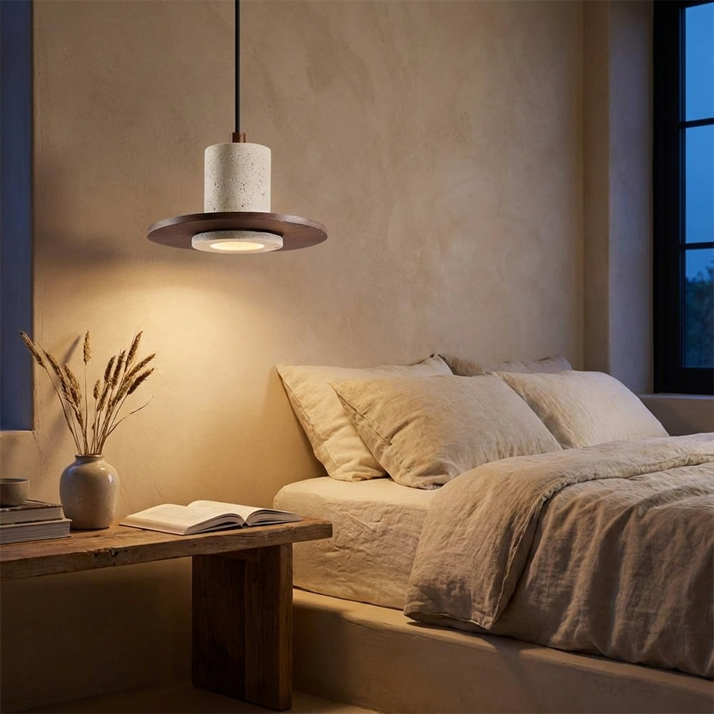 Noce Travertine Pendant in a bedroom