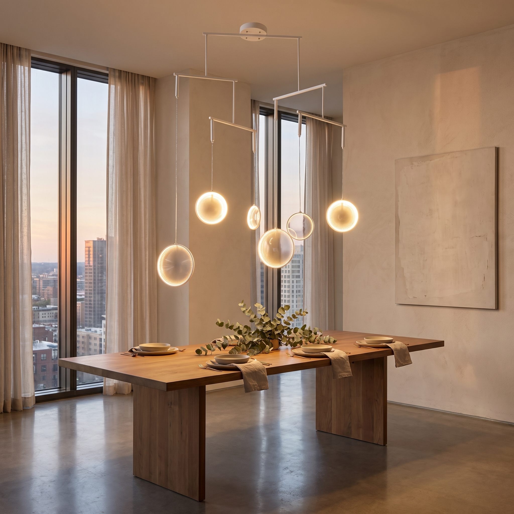 Nova white LED disc chandelier over a dining table