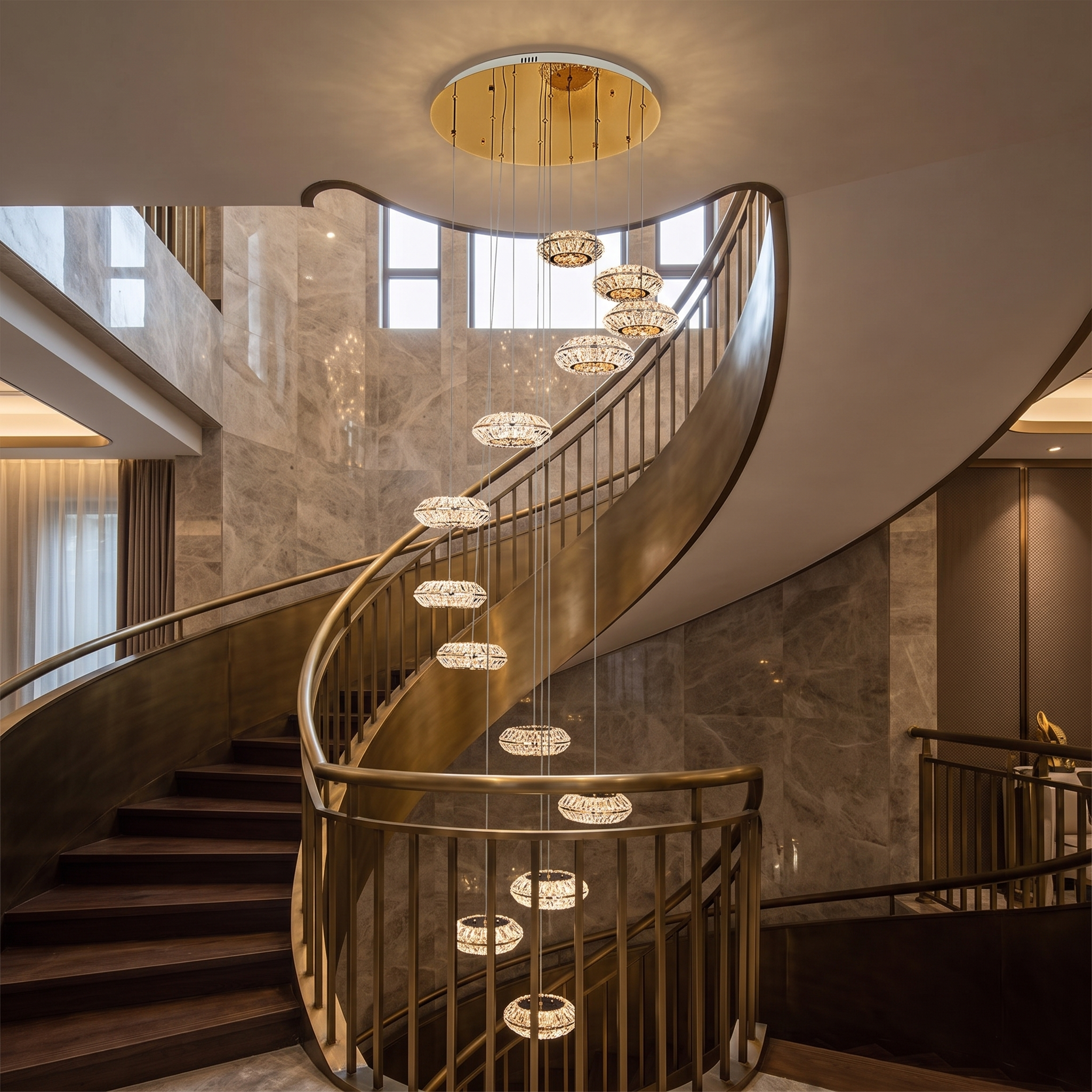 Toscana gold spiral chandelier, grand staircase
