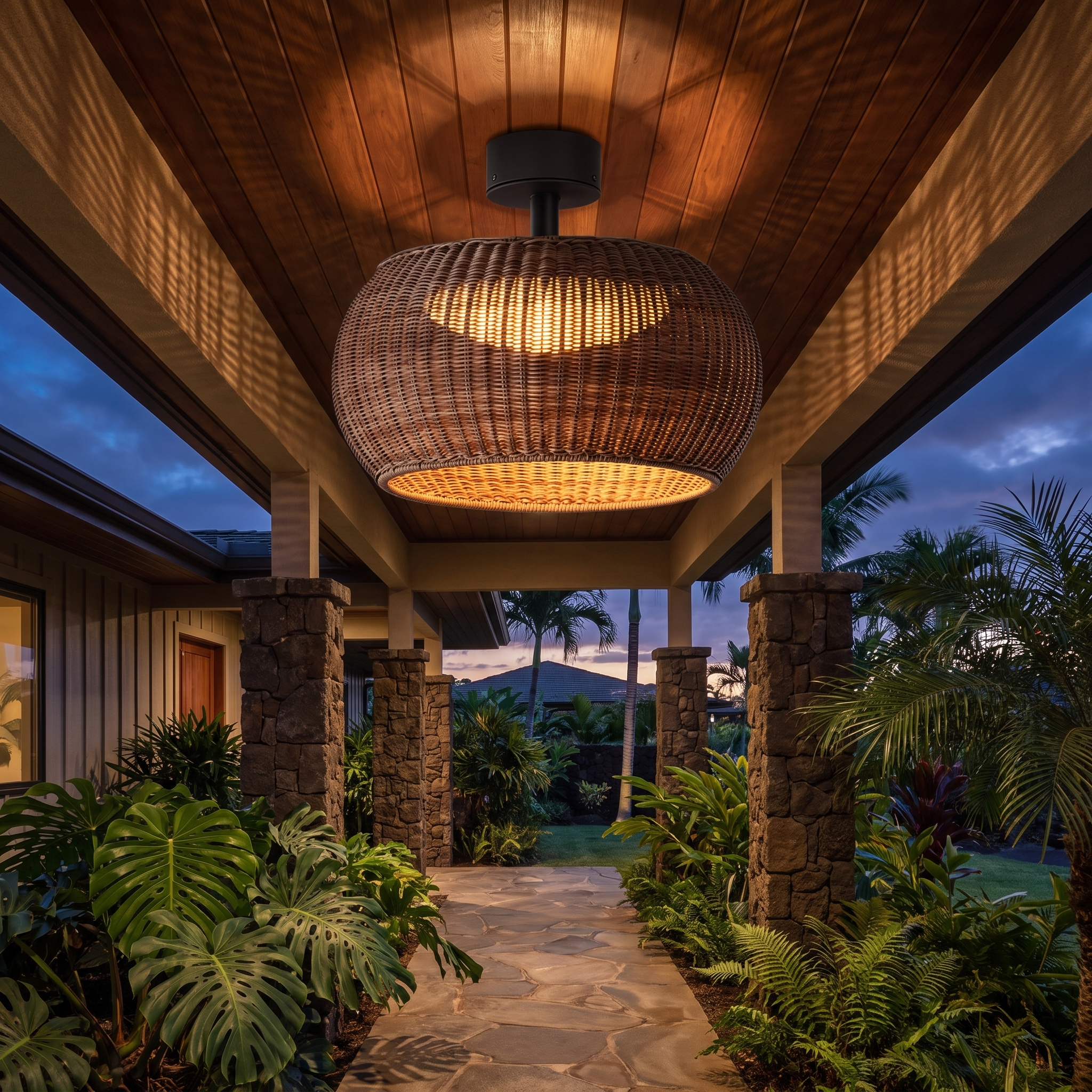 Isla Coffee woven rattan flush mount on covered walkway ceiling