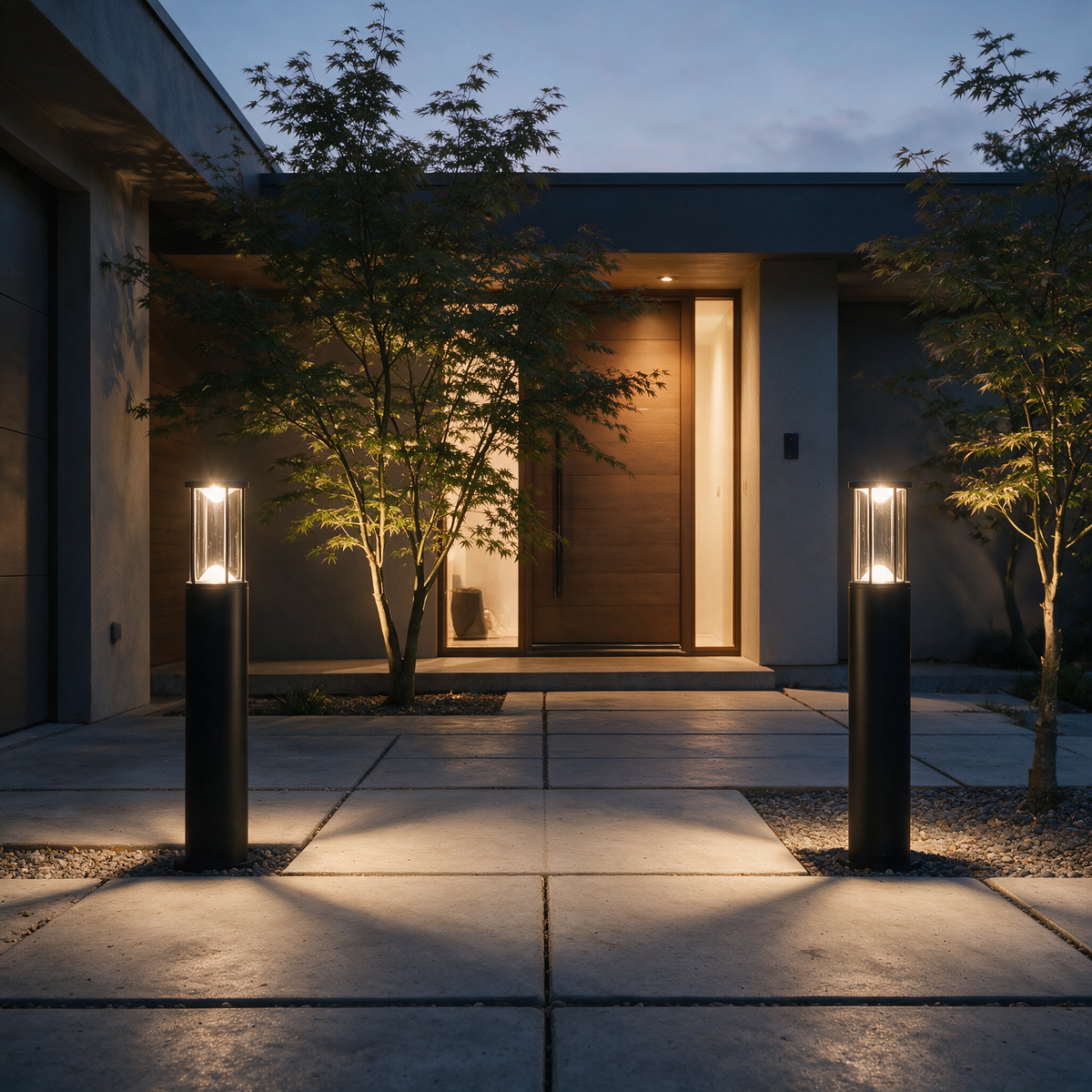 Marlow bollard lights flanking a paver front walk to a modern entry door