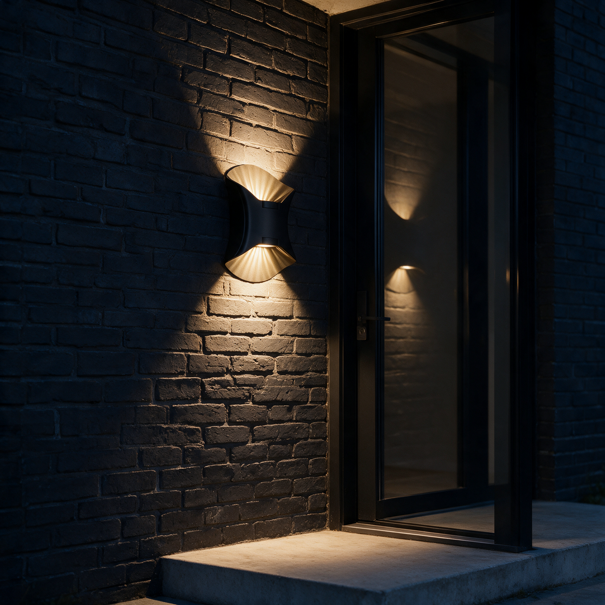 Solene all black up down wall light on a charcoal brick wall beside a modern entry door