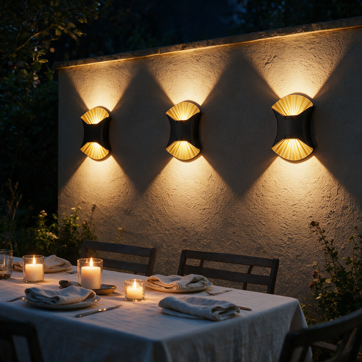 Three Solene black and gold wall lights above an outdoor dining table at night