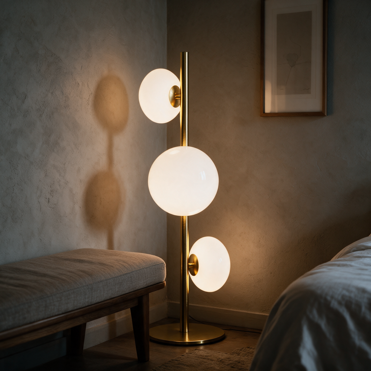 Juniper Floor Lamp in Gold and White in a boutique hotel style bedroom corner