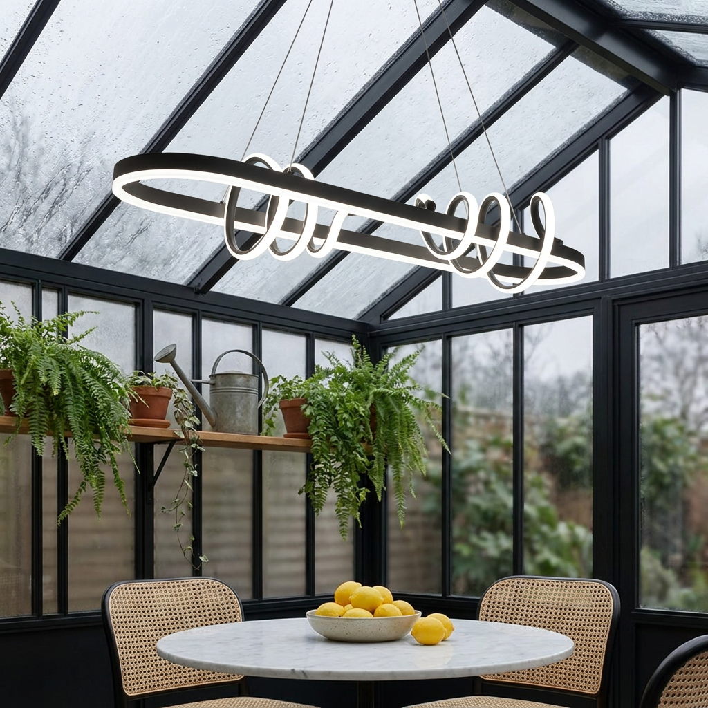 Vesper black spiral line chandelier over a marble bistro table in a glass conservatory