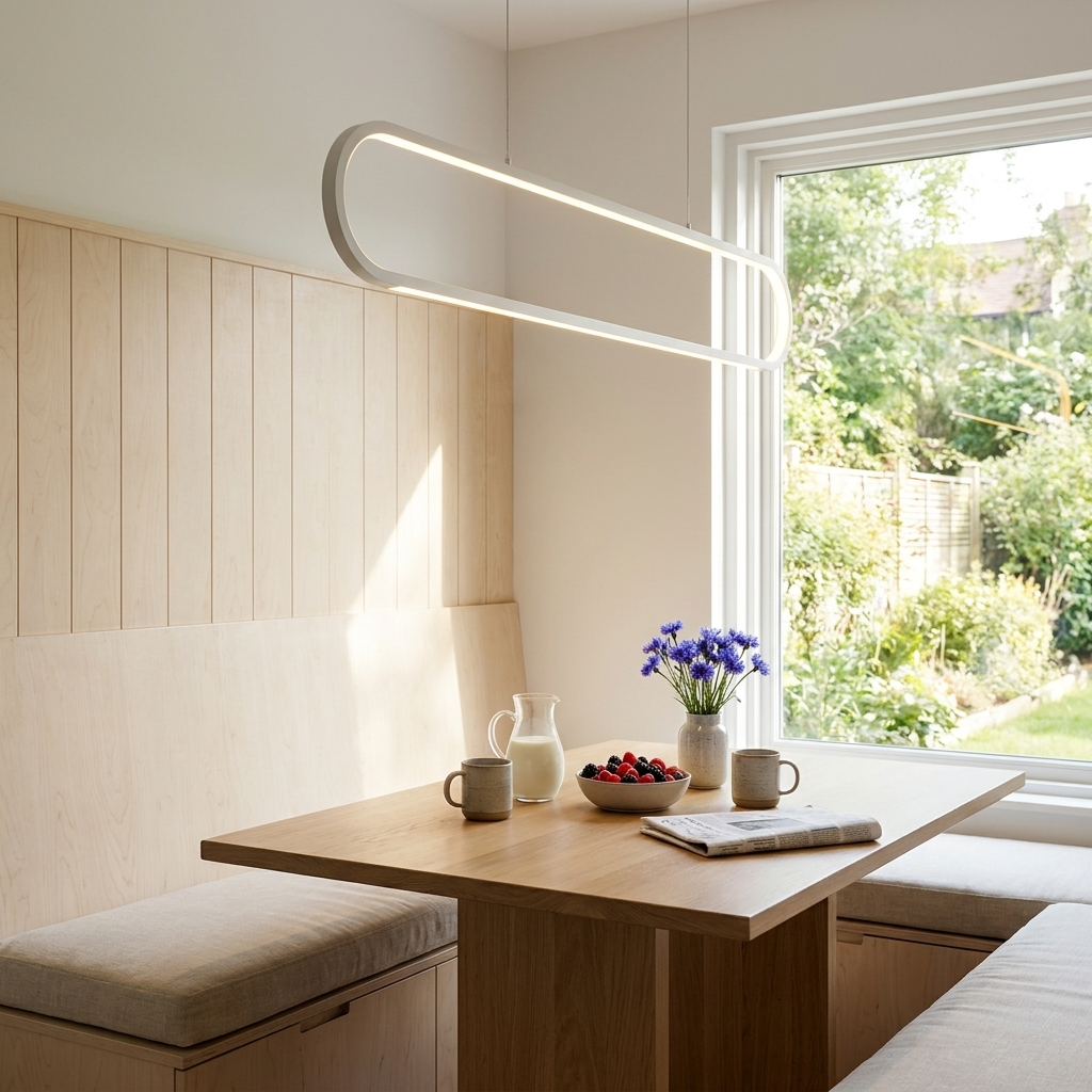 Sasha white slim silicone strip pendant over a breakfast nook table