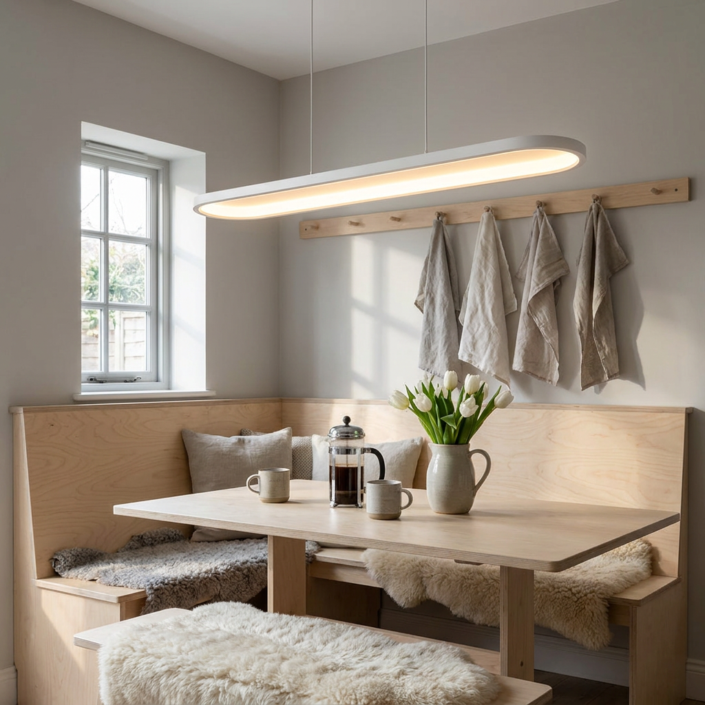 Sable white long strip geometric pendant over a breakfast nook table