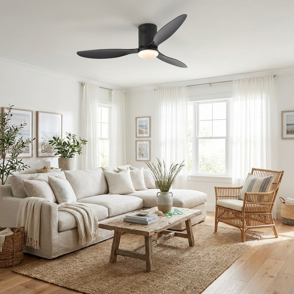 Dalen variable frequency ceiling fan with light in a bright coastal living room
