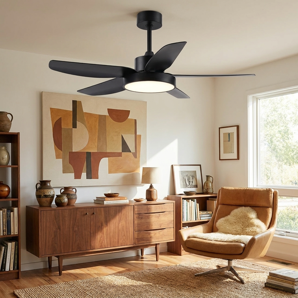 Galene black modern downrod ceiling fan light in a mid century living room