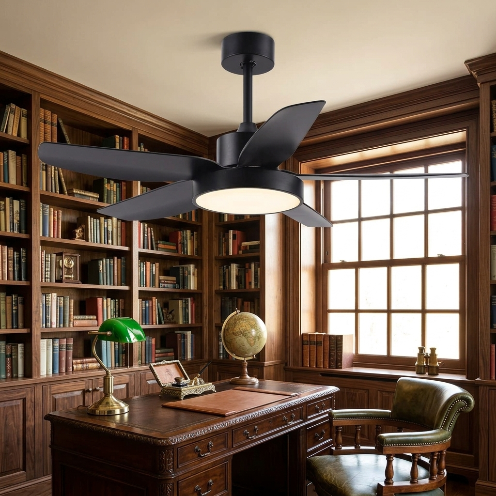 Galene black downrod ceiling fan light in a classic library study