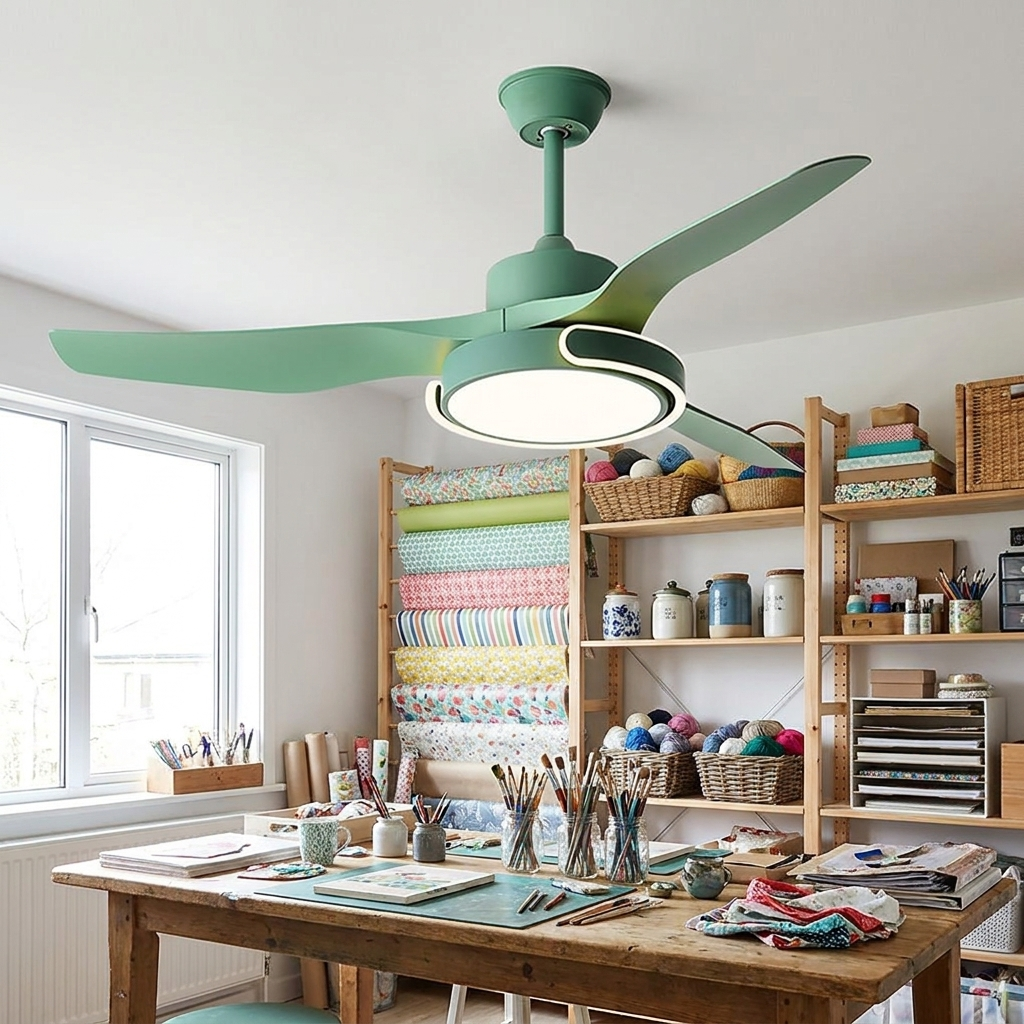 Kestral green ceiling fan light in a creative craft studio