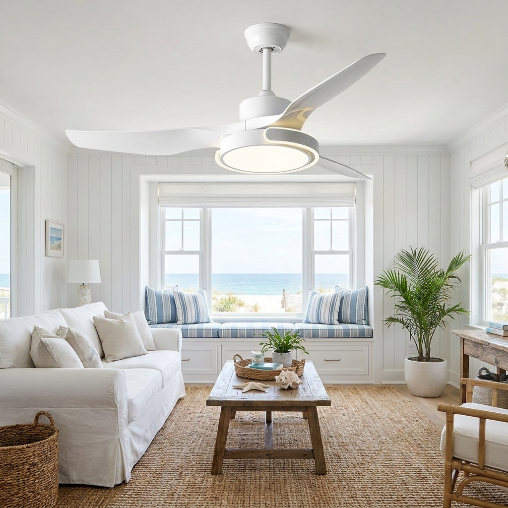 Kestral bright white ceiling fan light in a coastal living room