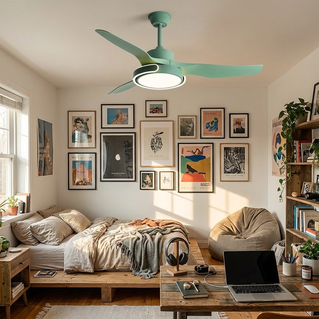 Kestral green ceiling fan light in a warm teen bedroom
