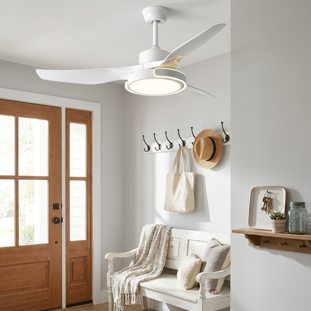 Kestral bright white ceiling fan light in a bright entryway