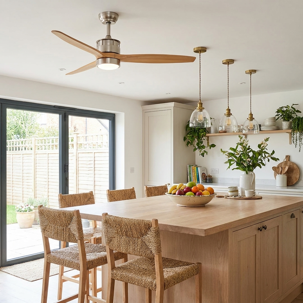 Corvin sand nickel light wood ceiling fan light in an open plan kitchen diner