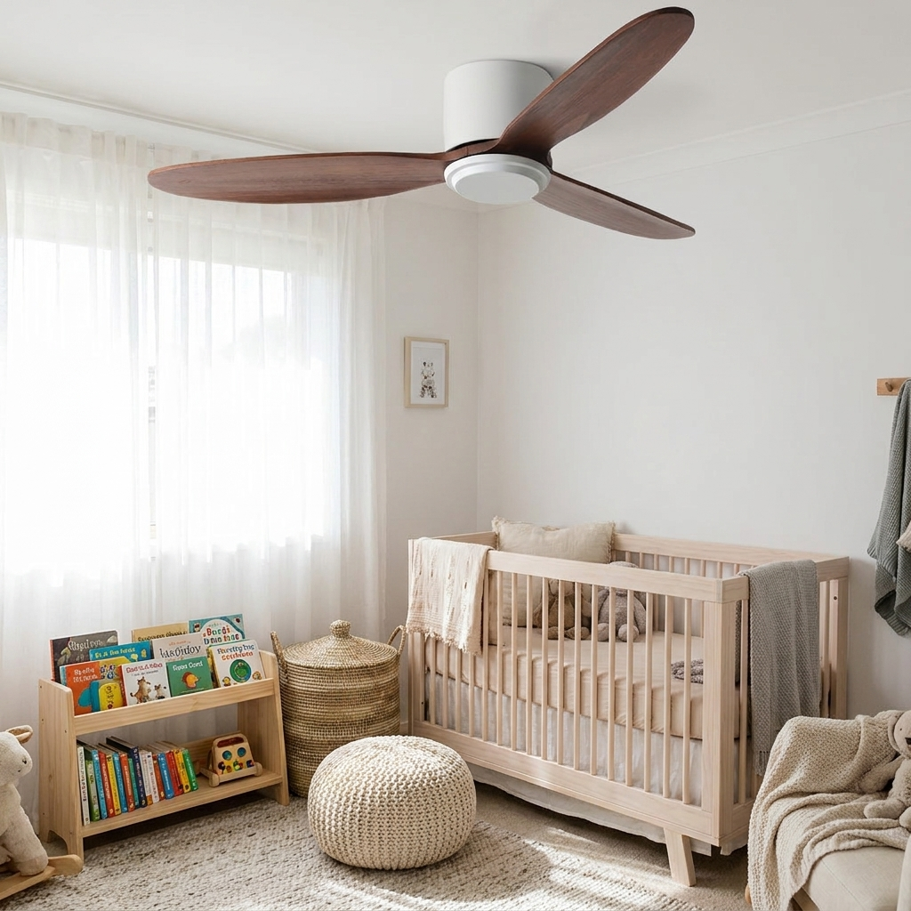 Javel Nordic white wood ceiling fan with light in a soft nursery