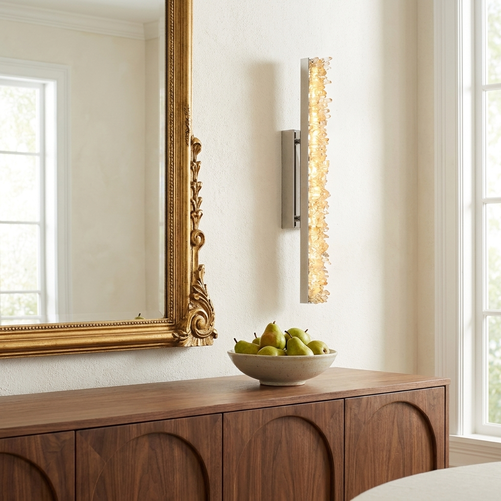Vertical crystal wall sconce lit above a walnut sideboard in an elegant dining room