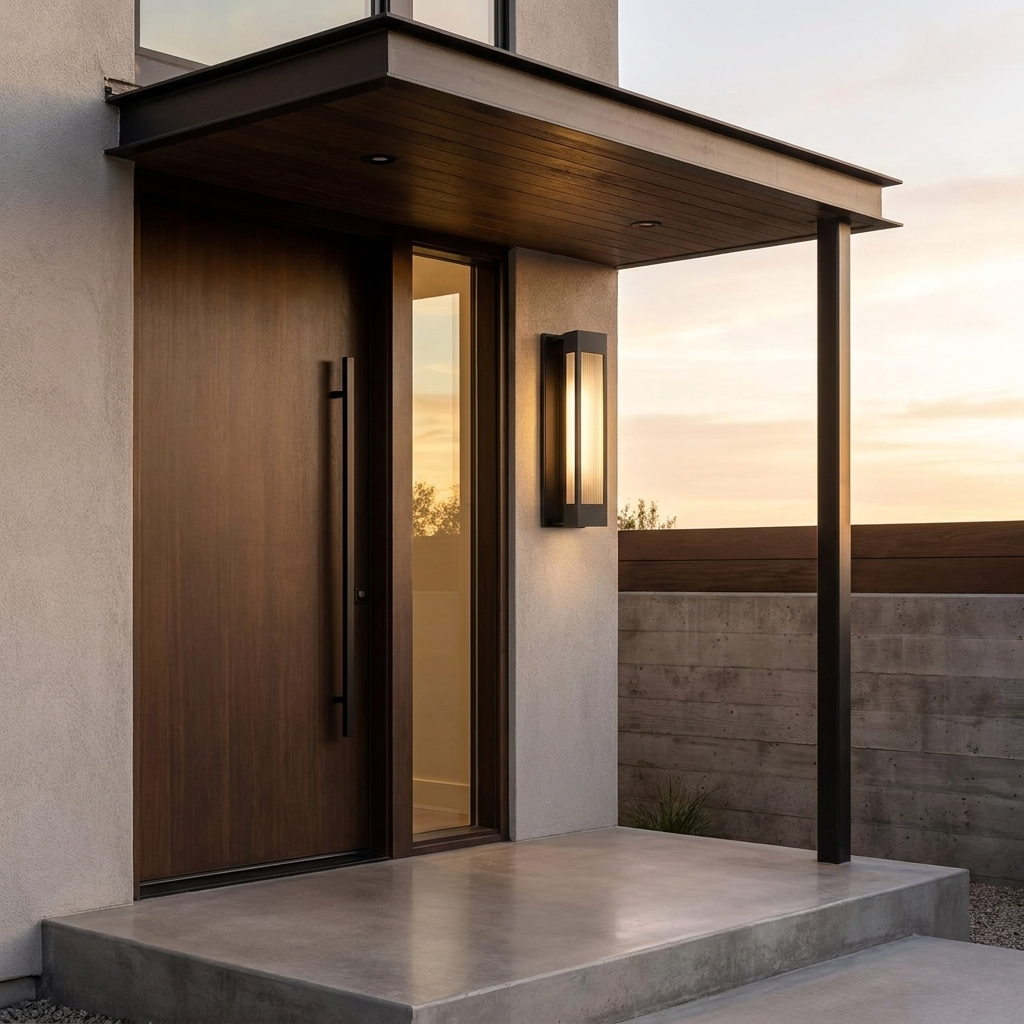 Slim outdoor wall sconce lit at dusk beside a modern entry canopy and tall pivot door