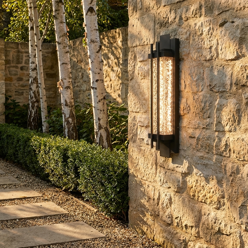 Black steel outdoor wall light on limestone garden path wall at golden hour