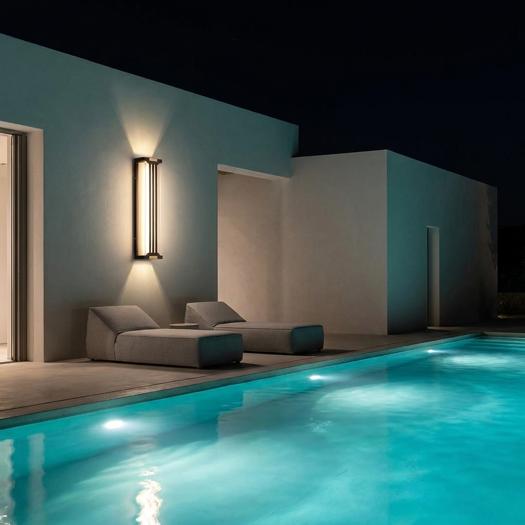 Up and down outdoor sconce at night on a poolside wall beside sun loungers and lit water