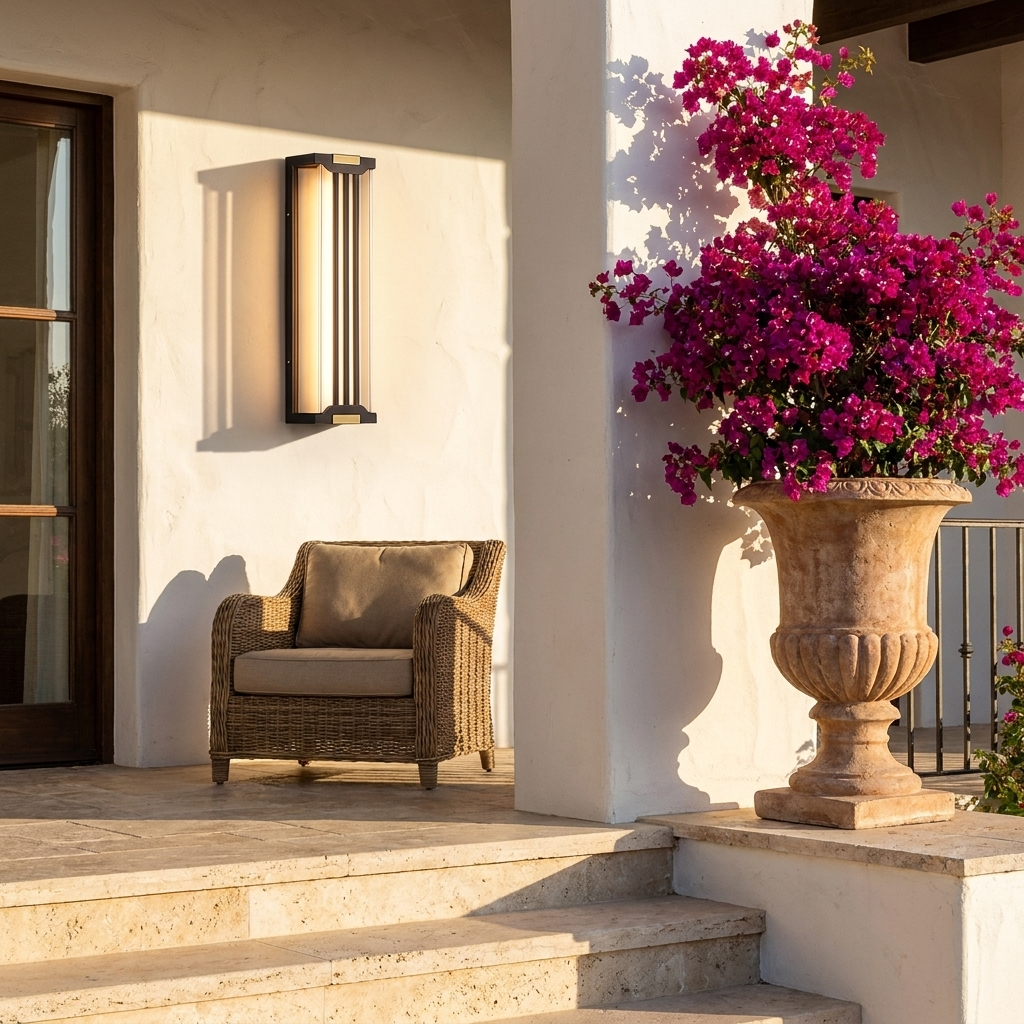 Up and down wall sconce on a white stucco villa terrace with bougainvillea in afternoon sun