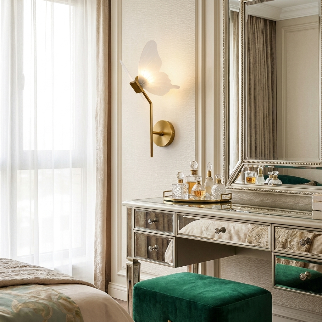 Brass butterfly wall light glowing beside a mirrored vanity in a dressing room