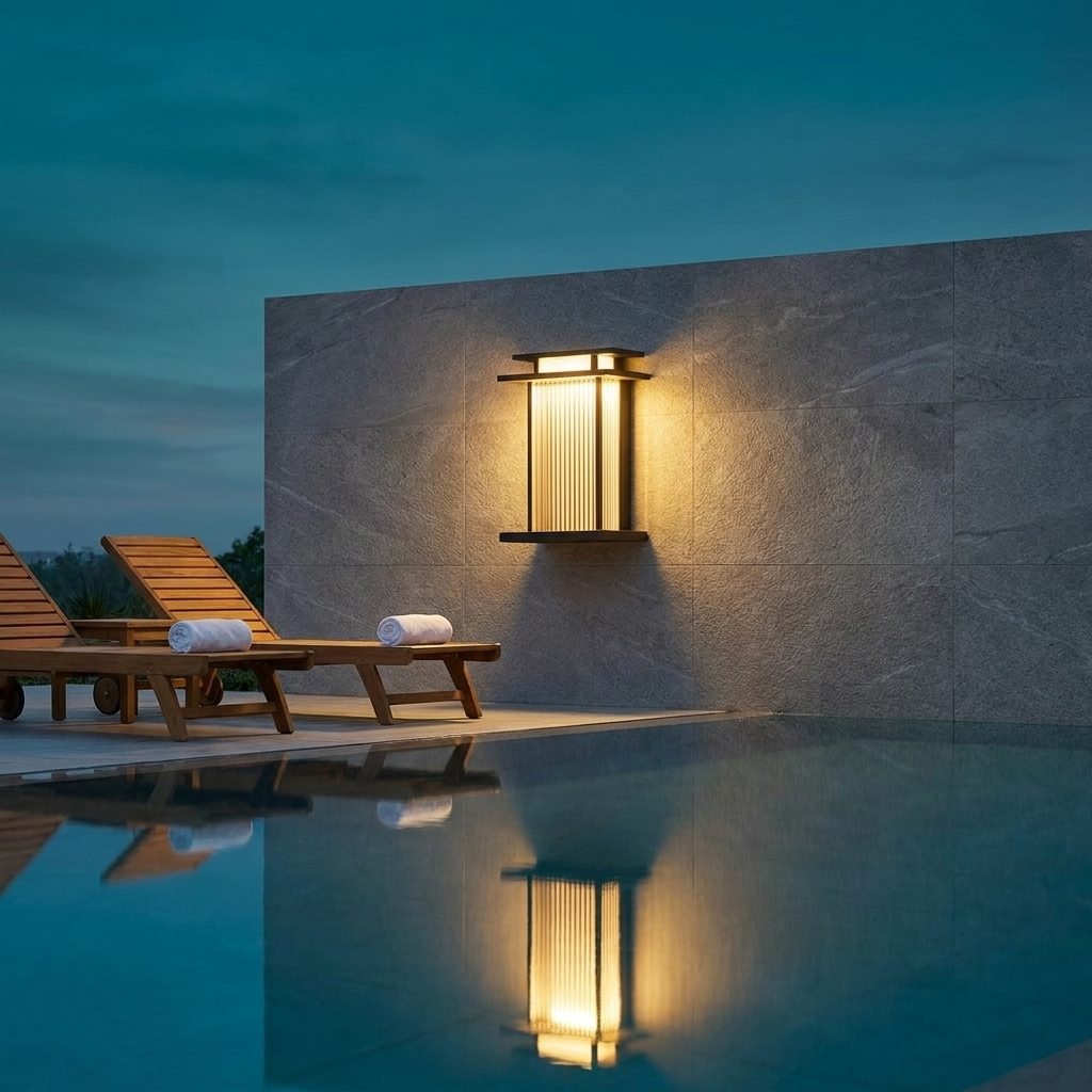 Ribbed glass wall light glowing on poolside tile wall with teak loungers at twilight