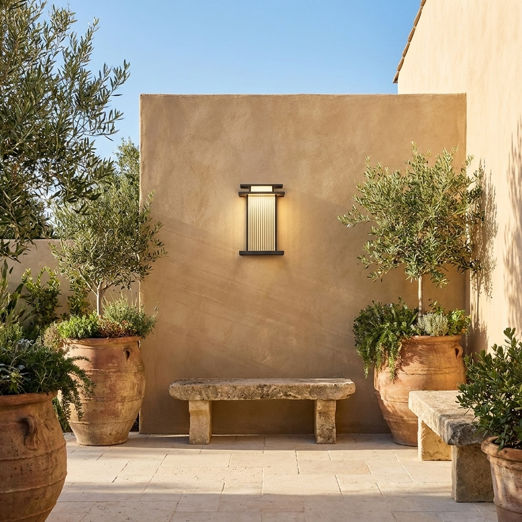 Black ribbed glass outdoor wall sconce on sand rendered courtyard wall with olive planters