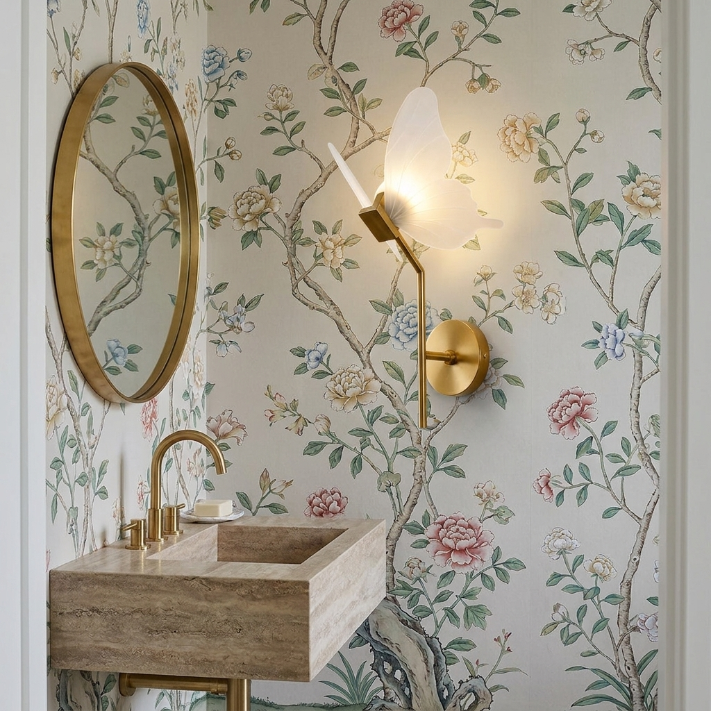 Butterfly wing wall light above a floating stone basin in a papered powder room