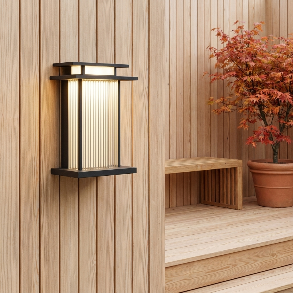 Vertical black outdoor sconce on pale larch timber clad wall beside raised deck bench