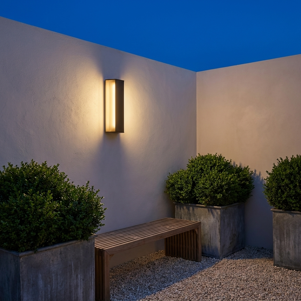 Linear outdoor wall light at twilight on a plastered courtyard wall with boxwood planters